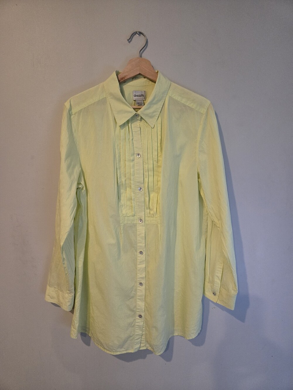 Chico’s Green Yellow Cotton Silk Pintuck Tunic Blouse Coastal Resort 3 XL Boho